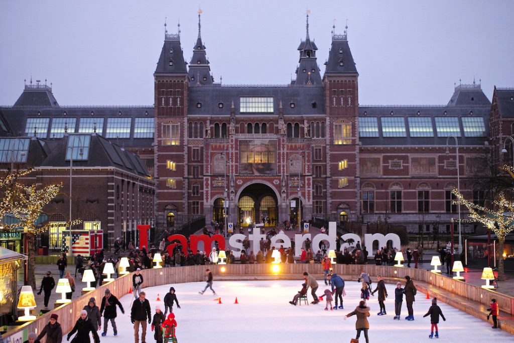 Large ice rink in front of Museumplein in Amsterdam during the winter