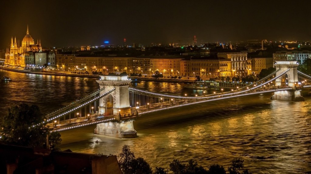 Nightfall in Budapest, with a view of chain bridge over the river danube