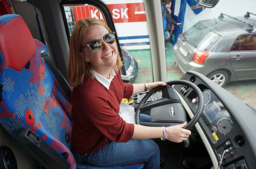 Pictured: me (pretending to) drive the Contiki bus 