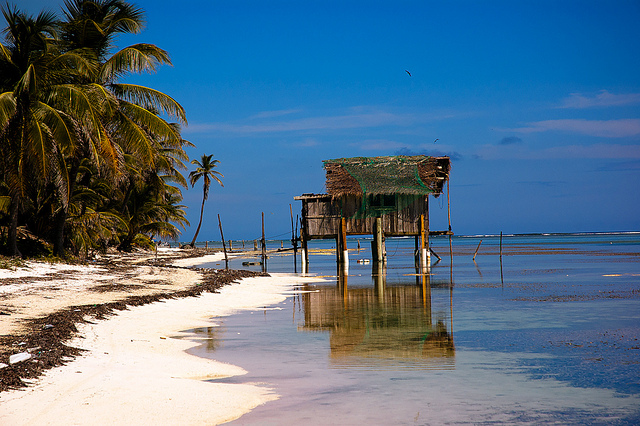 A beach shack on sticks known as Turtleman's House sits in the shallows