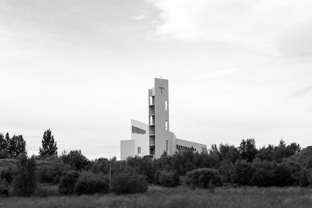 Black and white image of Egilsstaðakirkja