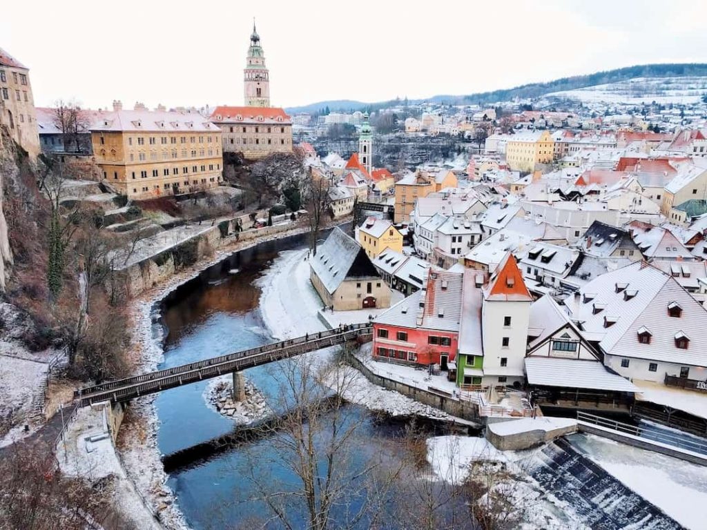 Snowcapped homes in the village of Cesky Krumlov, Czech Republic