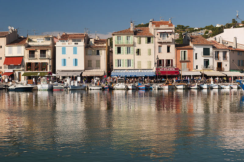 A row of colourful waterfront restaurants in Cassis