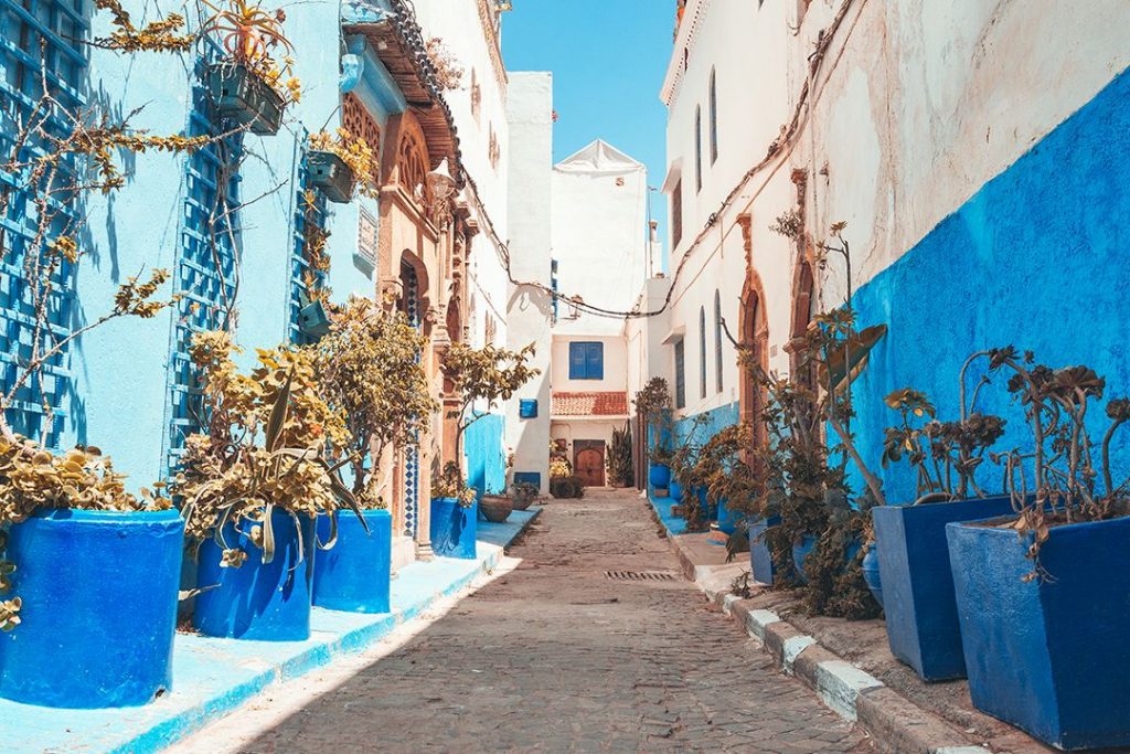 Rows of blue houses in the famous blue city of Kasbah des Oudaias in Morocco