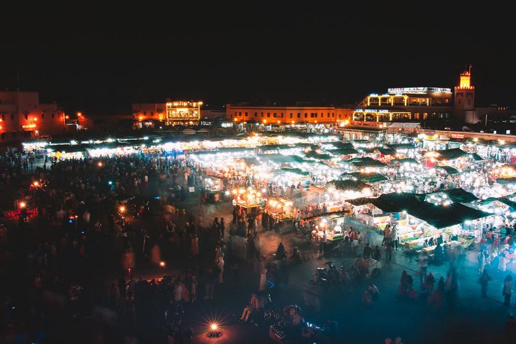 Night falls on Jemaa El-Fnna, Marrakech's famous local market