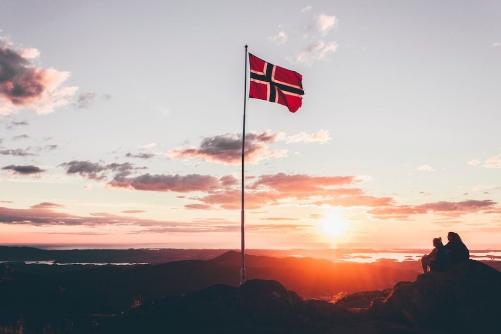 The Norwegian flag at sunset