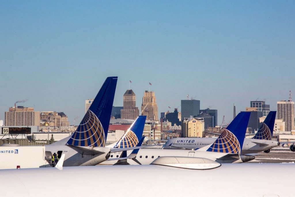 Several United Airlines planes waiting at gates at an airport