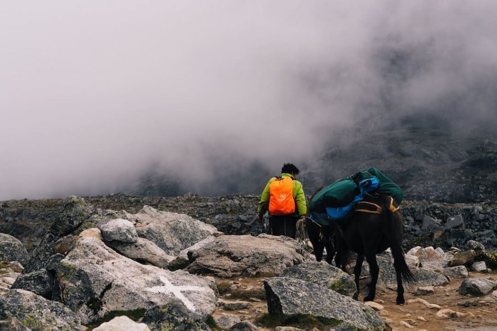 a person and a donkey stand on the Salkantay trail around fog