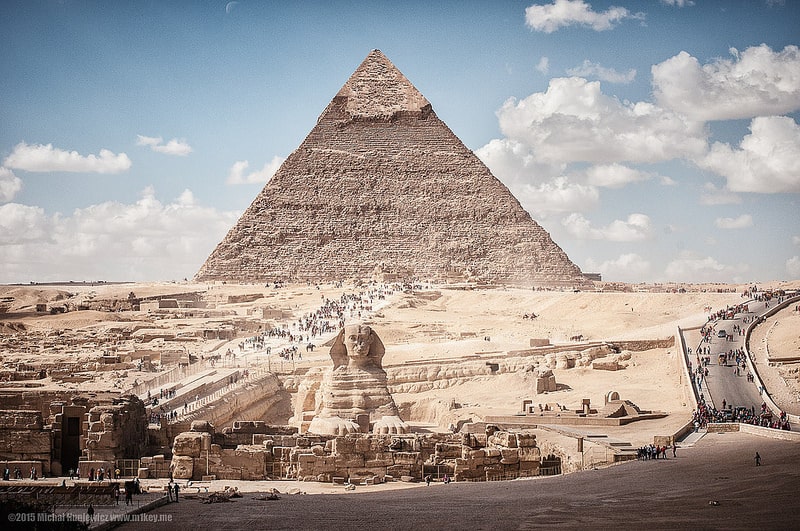 View of the ancient Egyptian burial ground in Giza, west of Cairo from a hotel room