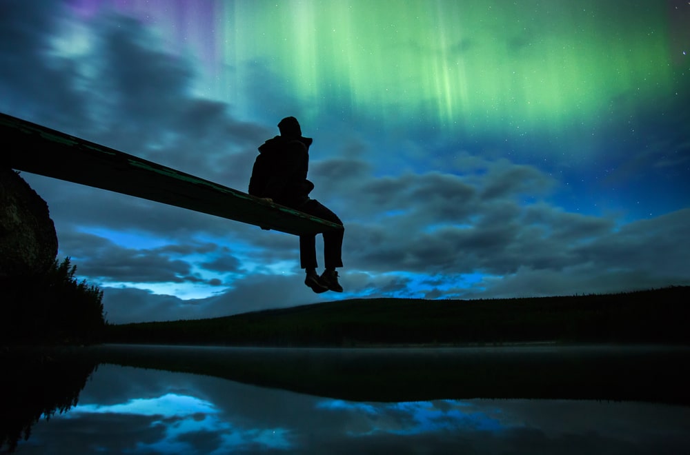 The northern lights over Herbert Lake in Banff National Park