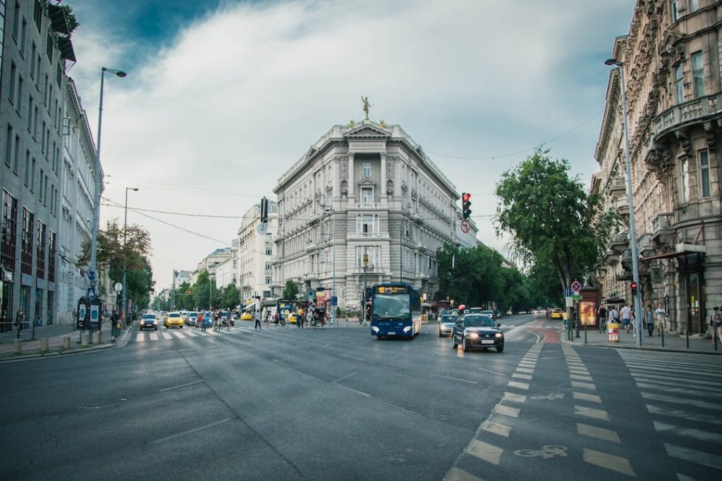 An intersection in Budapest, Hungary