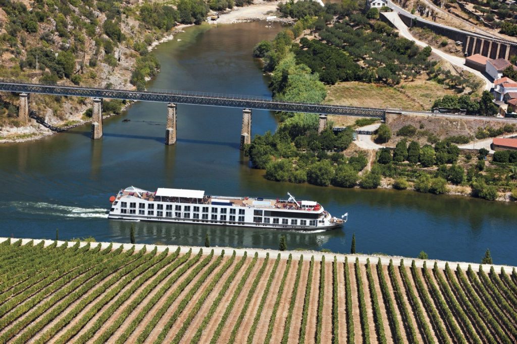 cruise ship sails along a river past green fields