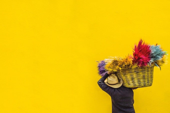 A man carrying colourful plants against a bright yellow background