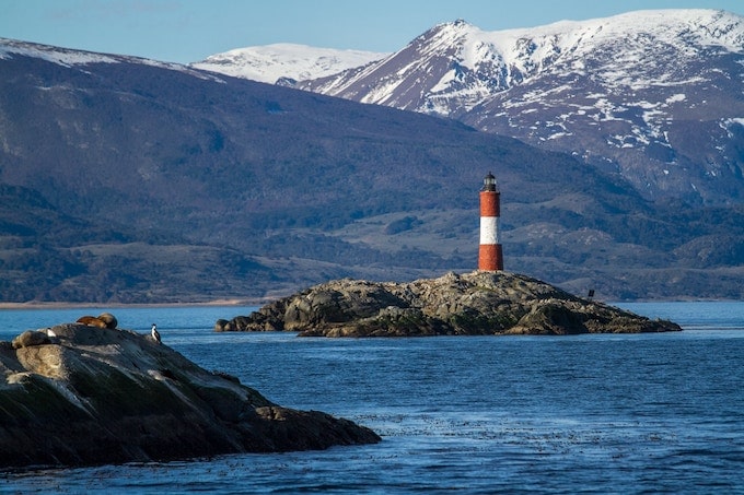 A lighthouse in the ocean in Ushuaia, Argentina