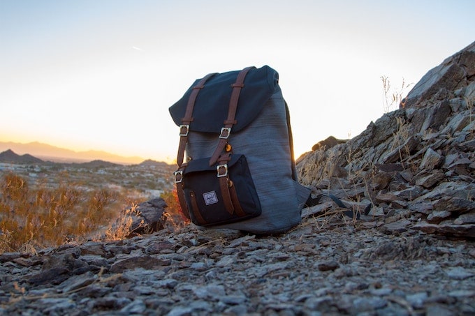 A backpack on a mountain