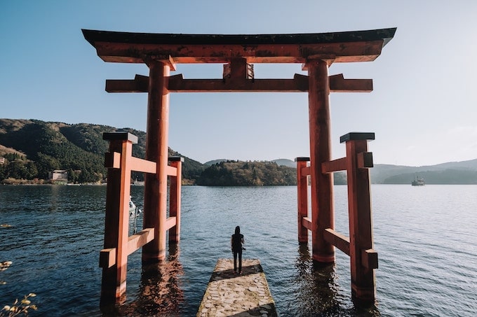 A temple arch in the water in Japan