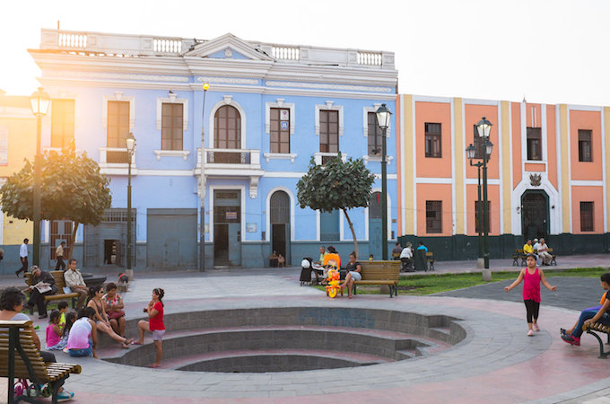 Colourful buildings around a park in Lima, Peru