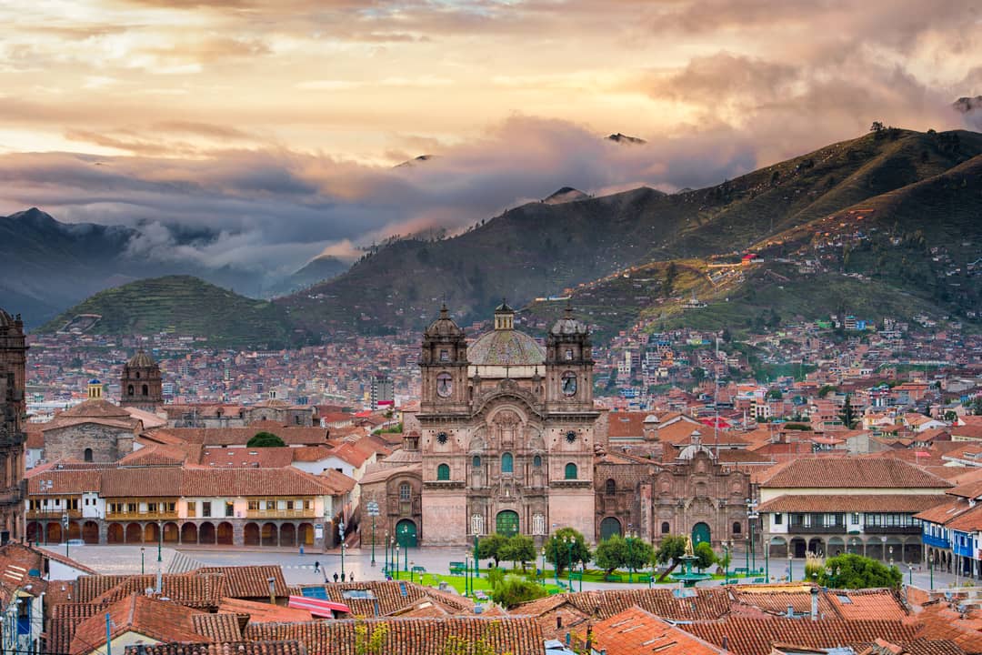 Sunrise view over the Plaza de Armas in Cusco, Peru