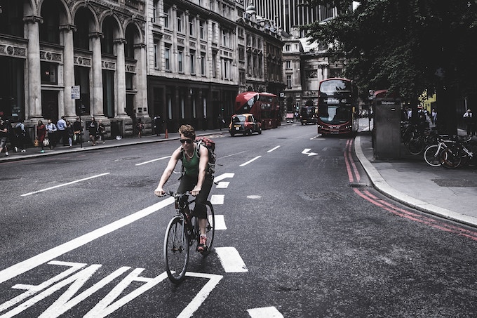 A cyclist on Liverpool Street in London, England