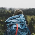 A person in a blue backpack looking out at Mount Rainier National Park, USA