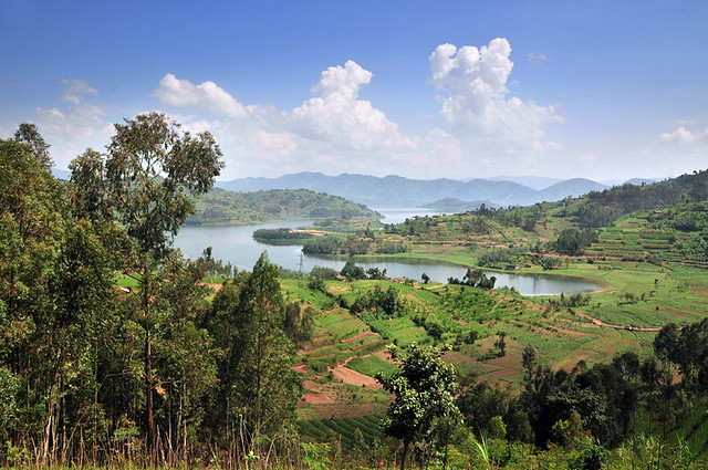 a rolling green landscape with hills and a lake