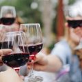 A group of people toasting with glasses full of red wine