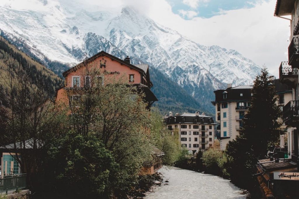 A river in Chamonix, France with Mont Blanc in the background