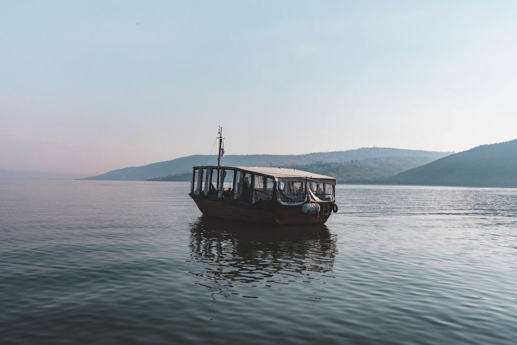 Boat cruising on the Sea of Galilee in Israel