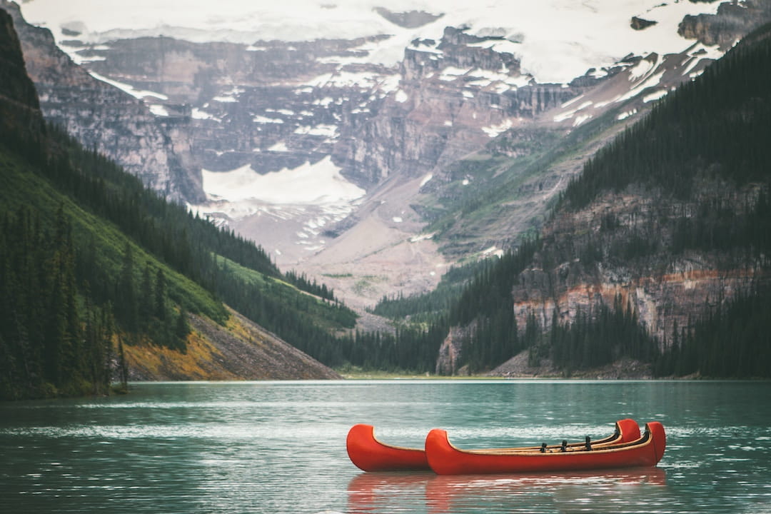 Two canoes on a lake in Alberta