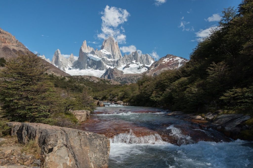 Mountain peaks and a river in El Chalten, Patagonia