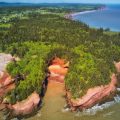 red coloured cliffed covered in trees by the sea