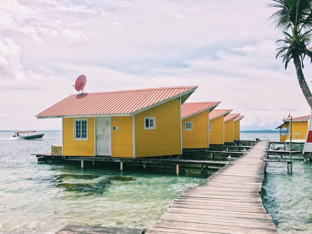 Yellow overwater bungalows in Bocas del Toro, Panama