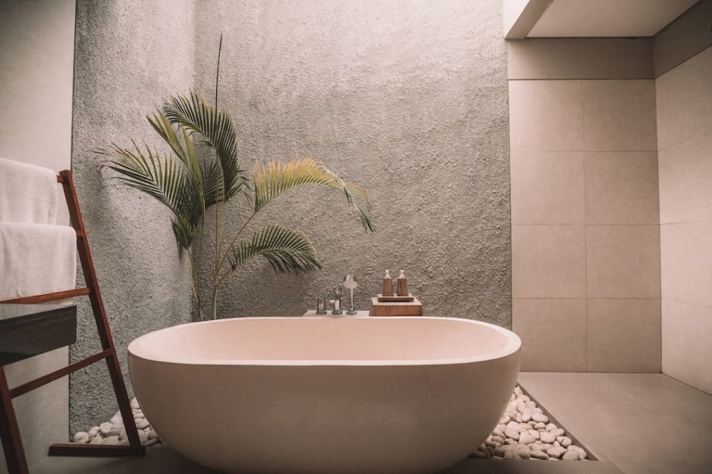 Modern bathroom with a bathtub and palm tree