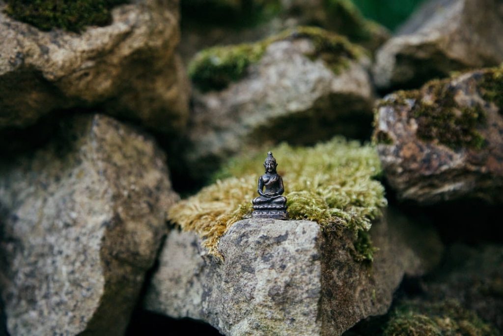 Tiny buddha statue sitting on moss-covered rocks