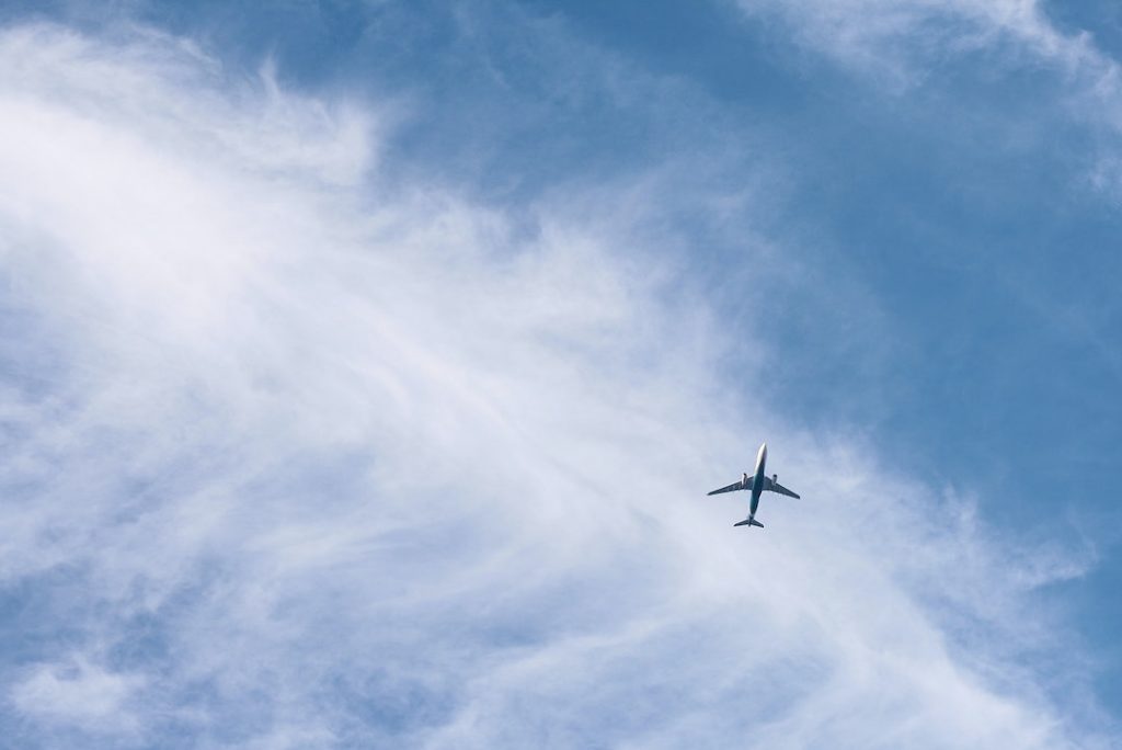 Plane flying in the air with a blue sky in the background