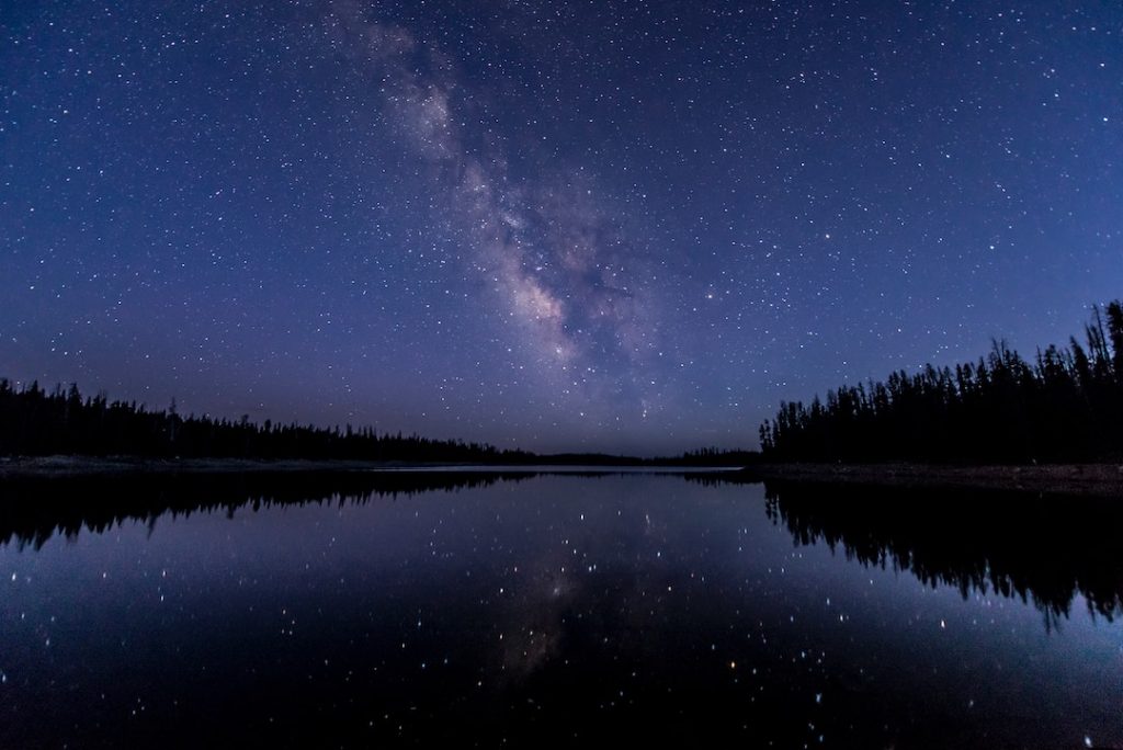 Starry sky reflecting off a lake surrounded by trees