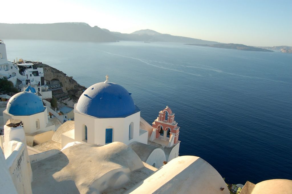 Blue domed buildings on Santorini, Greece