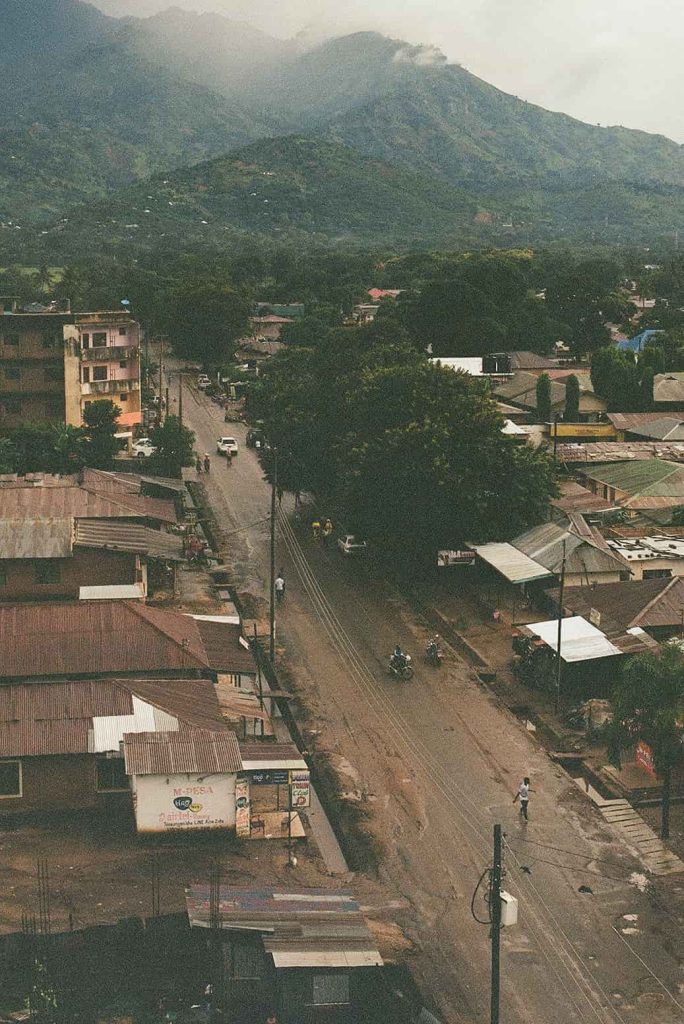 Aerial view of a street in a city in East Africa