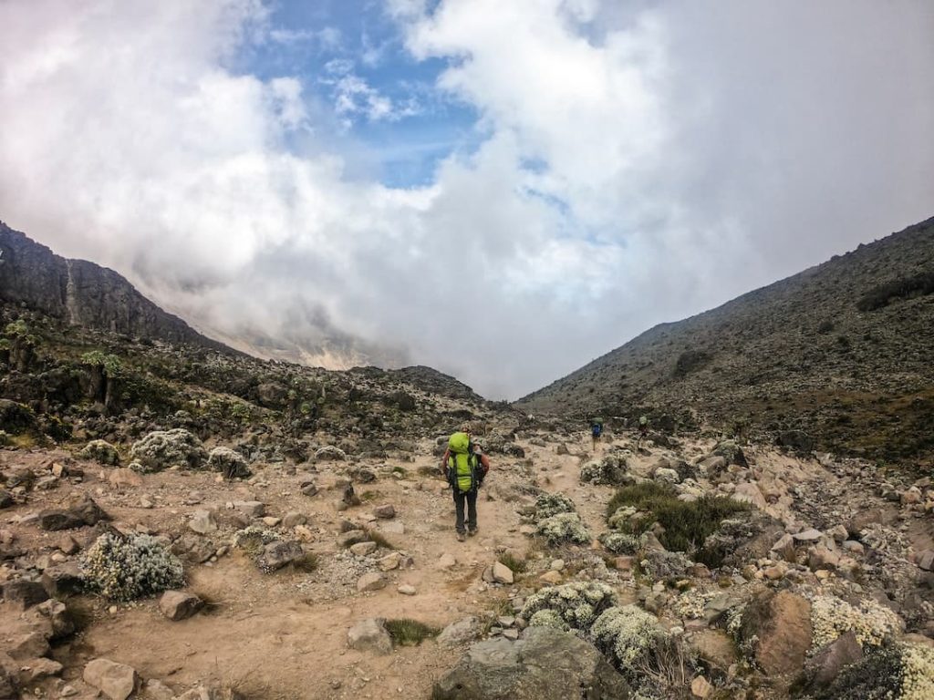 Person wearing hiking backpacking walking on trail at Kilimanjaro, Tanzania