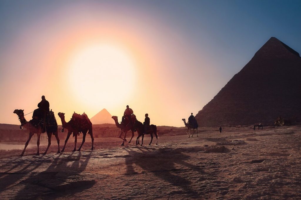 A group of people enjoy a camel riding adventure at sunset by the Pyramids of Giza