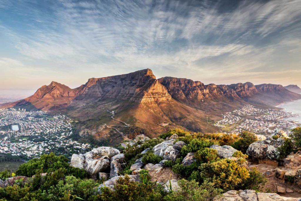 The sunset over Table Mountain in Cape Town, South Africa.