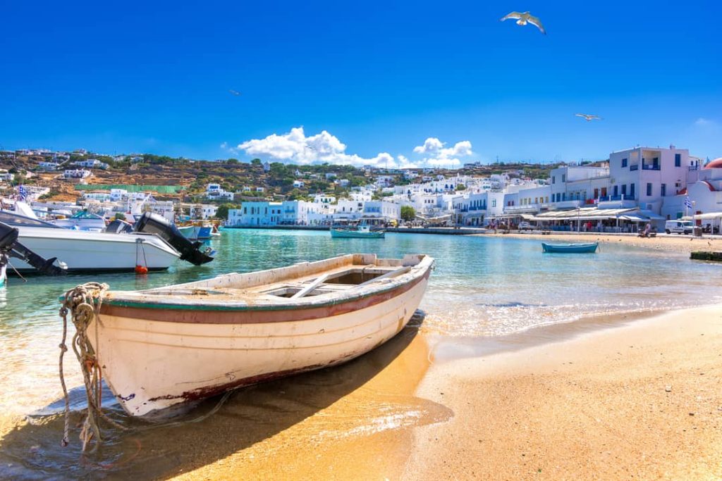 Mykonos port with boats, Cyclades islands, Greece.