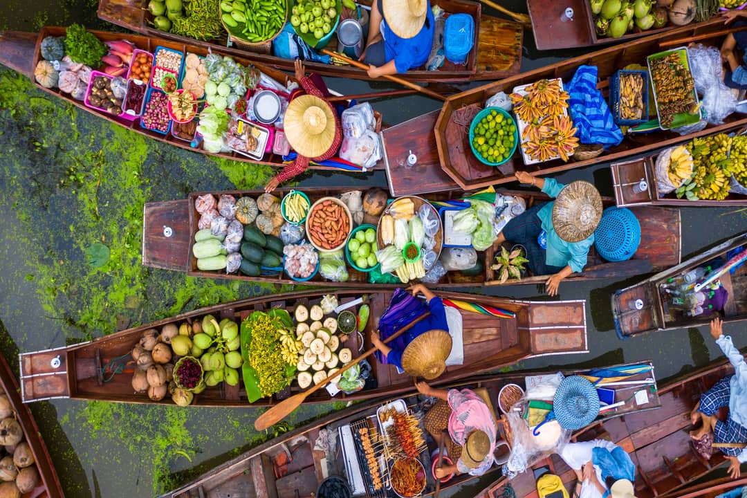 Aerial view of famous floating market in Thailand